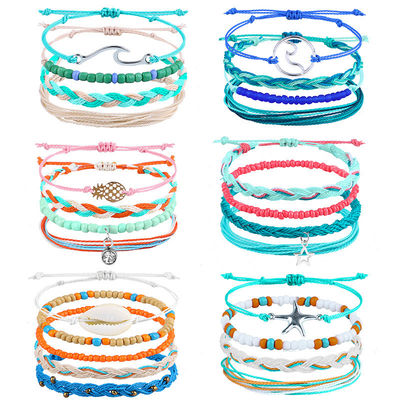 Bracelete de fios de cera de cor mista de madeira de boémia Daisy de girassol de tartaruga Bracelete de concha