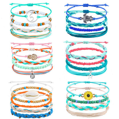 Bracelete de fios de cera de cor mista de madeira de boémia Daisy de girassol de tartaruga Bracelete de concha